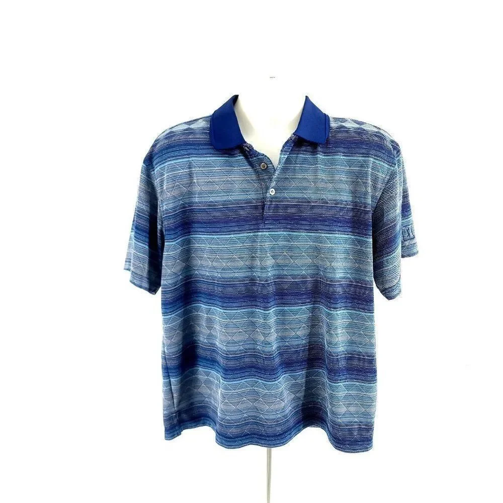 PGA Tour Large Blue Striped‎ Textured Polyester Collared Polo Shirt Short Sleeve